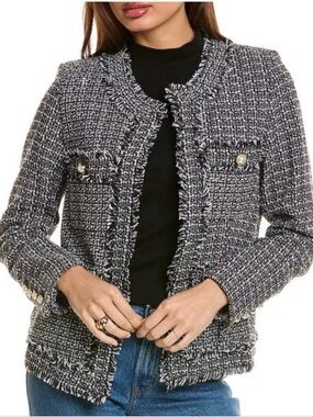 NWOT Nanette Lepore Black White Boucle Tweed Fringe Blazer Sz 8